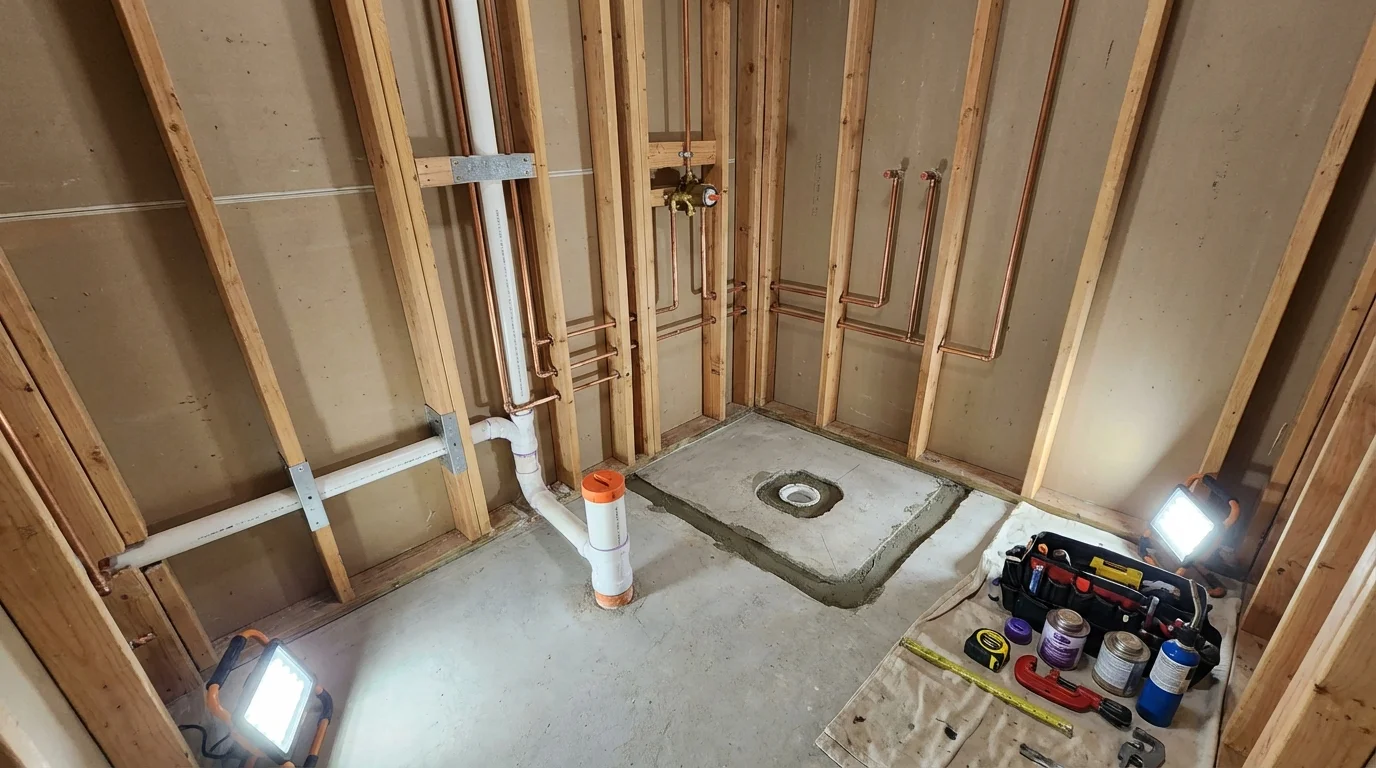 Bathroom rough-in plumbing during remodel by Johns Plumbing LLC in West Helena