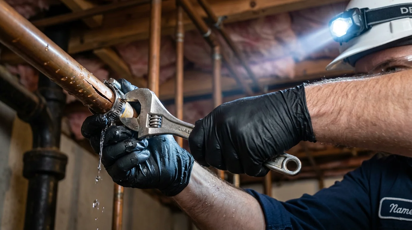 Emergency pipe clamp repair being performed by a Johns Plumbing LLC plumber in West Helena