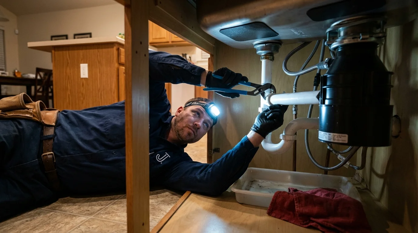 P-trap and supply line connections under a kitchen sink showing a common leak point in West Helena, AR